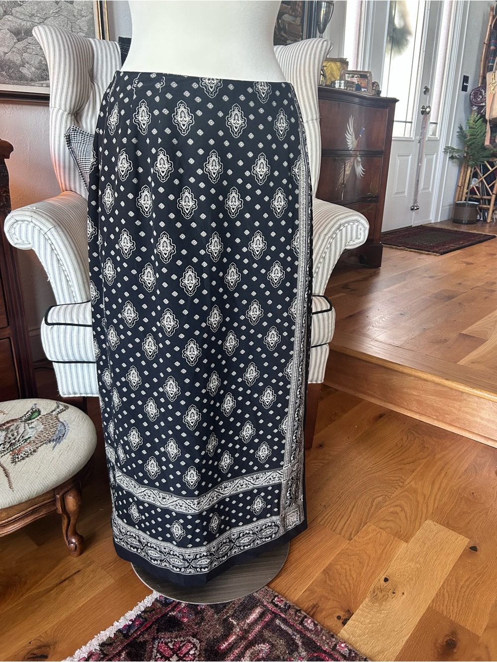 Talbots Silk Black and White Printed Maxi Skirt